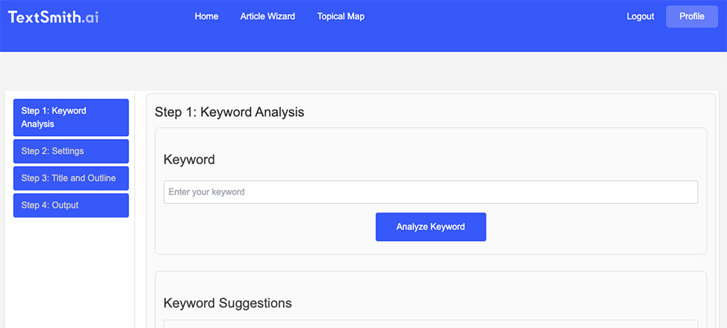 TextSmith.ai interface showing the AI Content Creator Article Wizard features